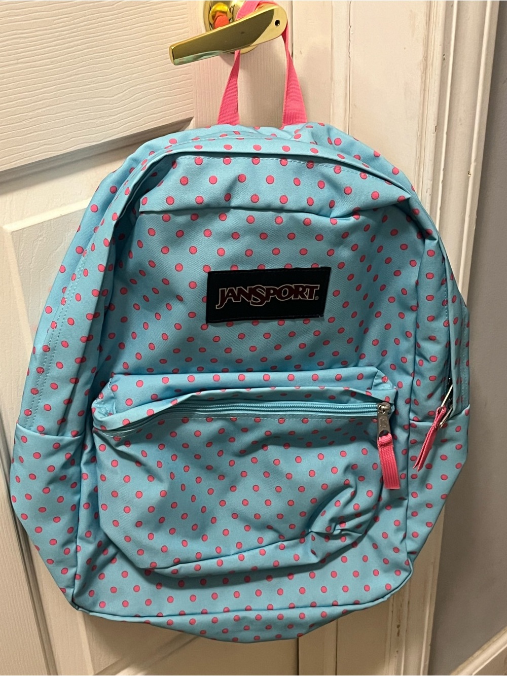 Jansport Turquoise Backpack with Pink Polka Dots